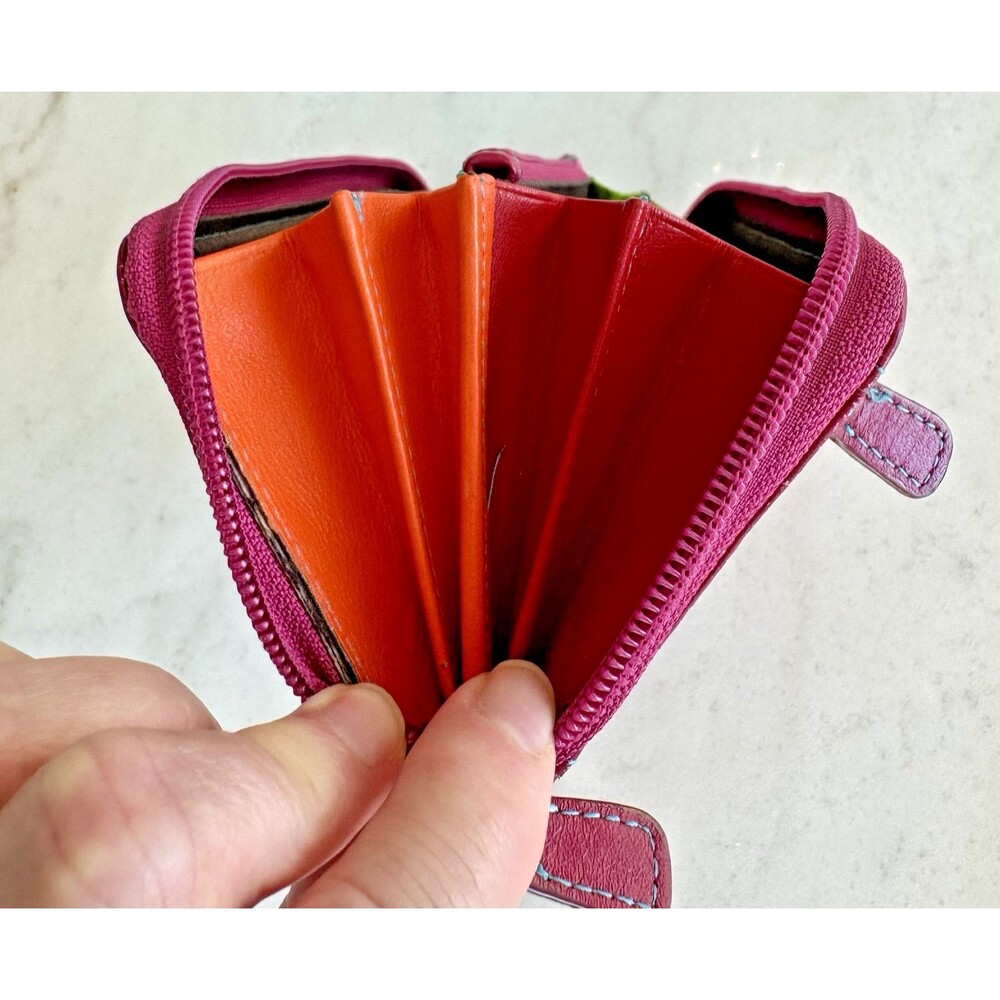 Soft Italian Leather Verde Pelle Large Zippered Wallet Clutch Burgundy Multi - Picture 7 of 12